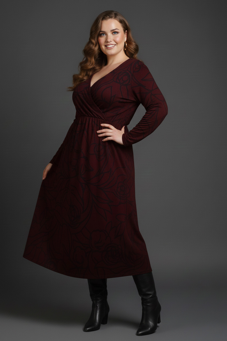 Γυναικείο Φόρεμα Λεπτό Πλεκτό Βυσσινί Με Μοτίβο Μαύρο Plus size