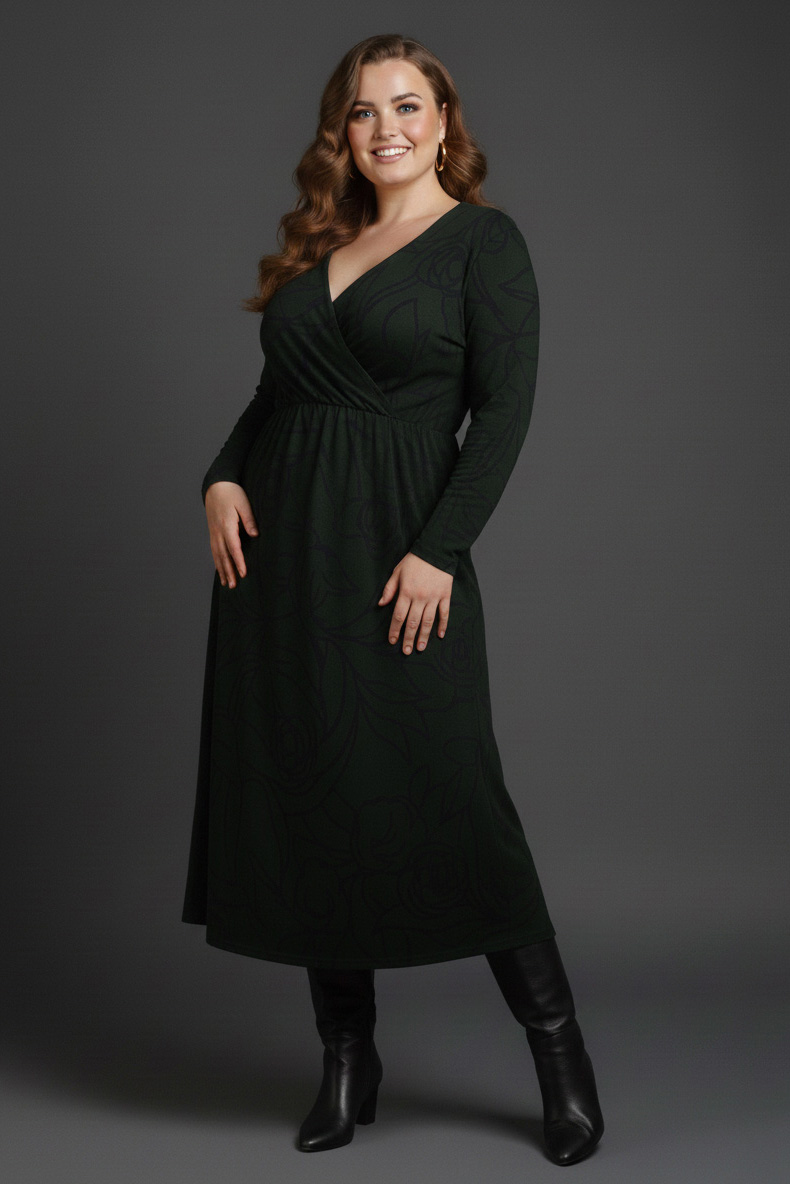 Γυναικείο Φόρεμα Λεπτό Πλεκτό Χακί Με Μοτίβο Μαύρο Plus size