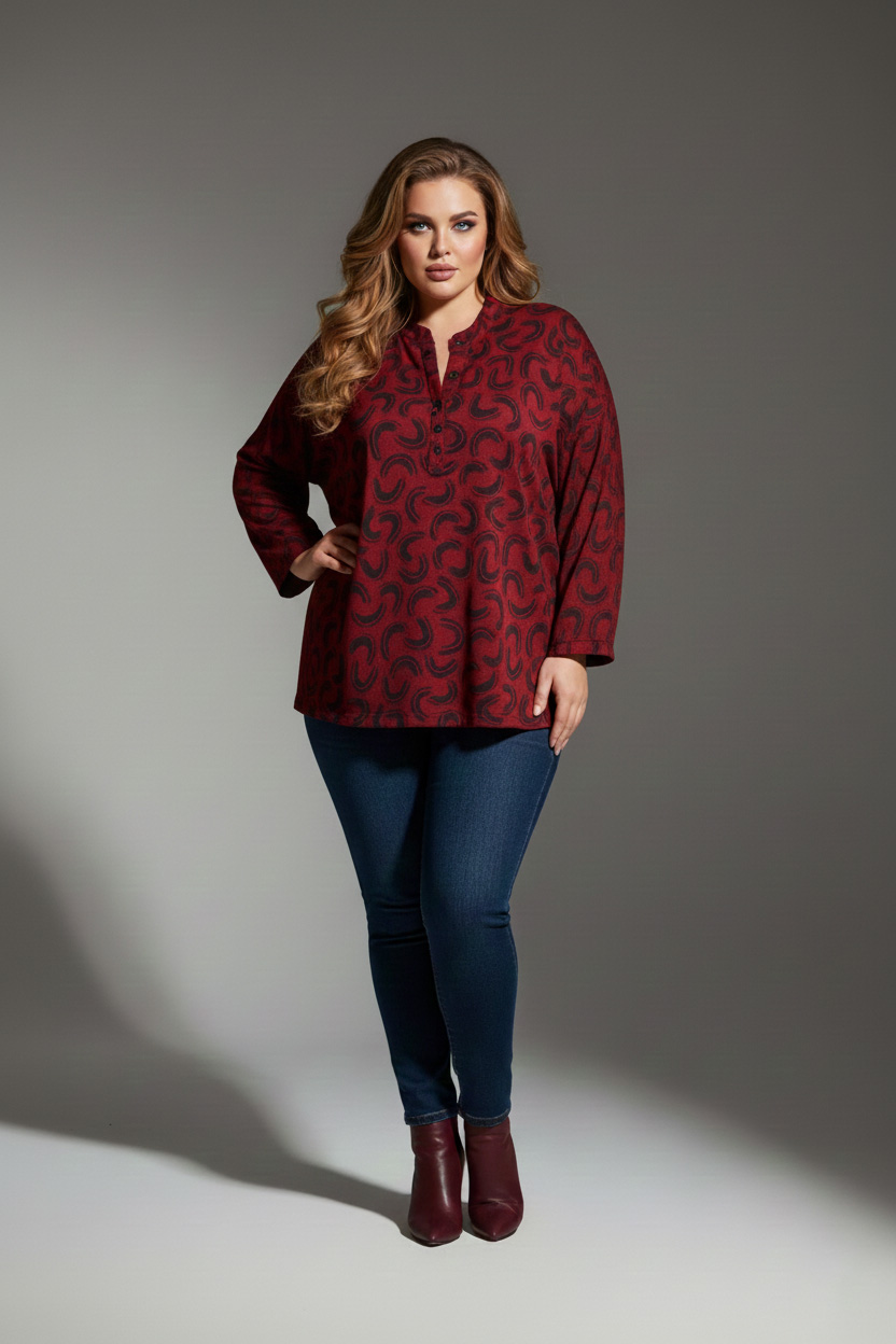 Γυναικεία Μπλούζα Μπορντό Με Μαύρο Μοτίβο Λεπτό Πλεκτό Με Κουμπιά ελαστική Curve-Plus Size