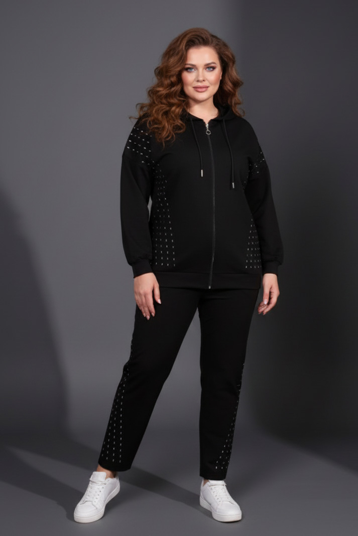 Γυναικείο Σετ φόρμα Παντελόνι Ζακέτα Με Κουκούλα σε Μαύρο Χρώμα  Plus Size