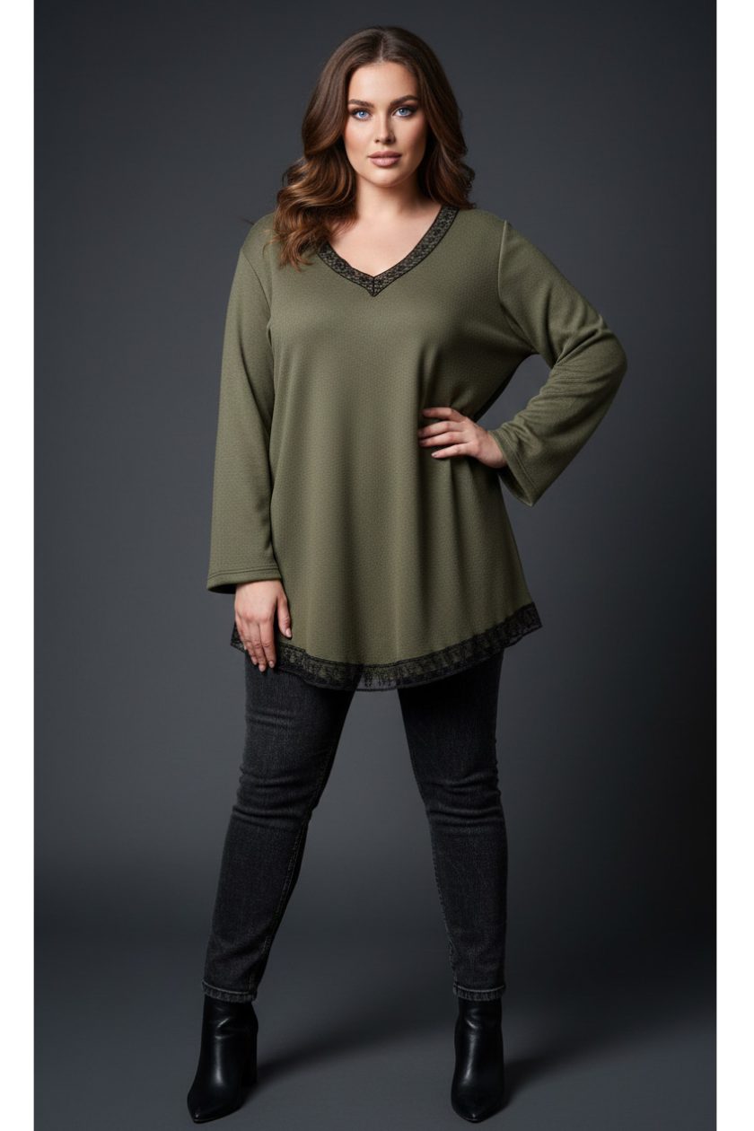 Γυναικεία Μπλούζα V Χακί Μοτίβο Δαντέλα Λεπτό Πλεκτό ελαστική Curve-Plus Size