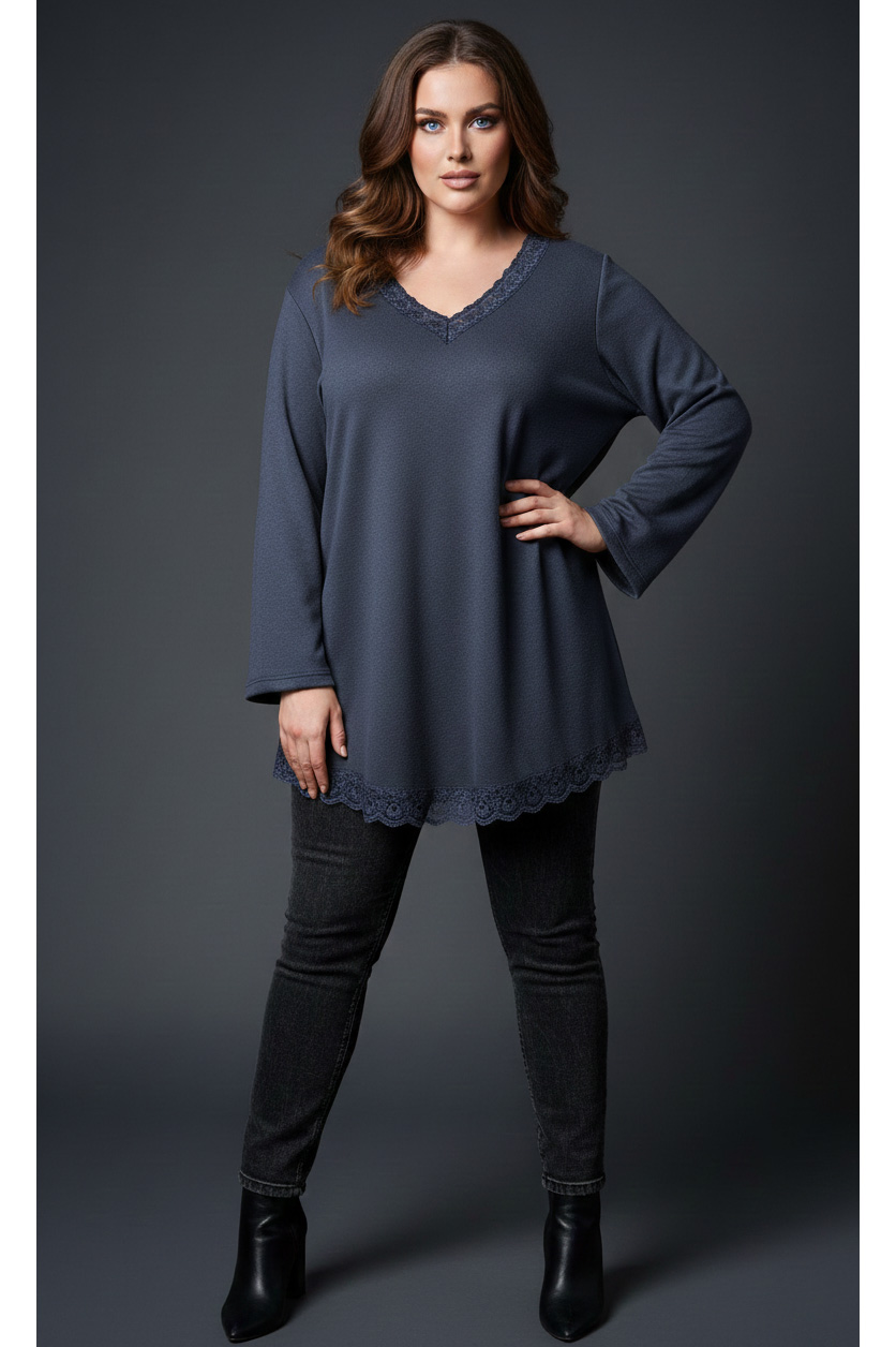 Γυναικεία Μπλούζα V Μπλε Μοτίβο Δαντέλα Λεπτό Πλεκτό ελαστική Curve-Plus Size