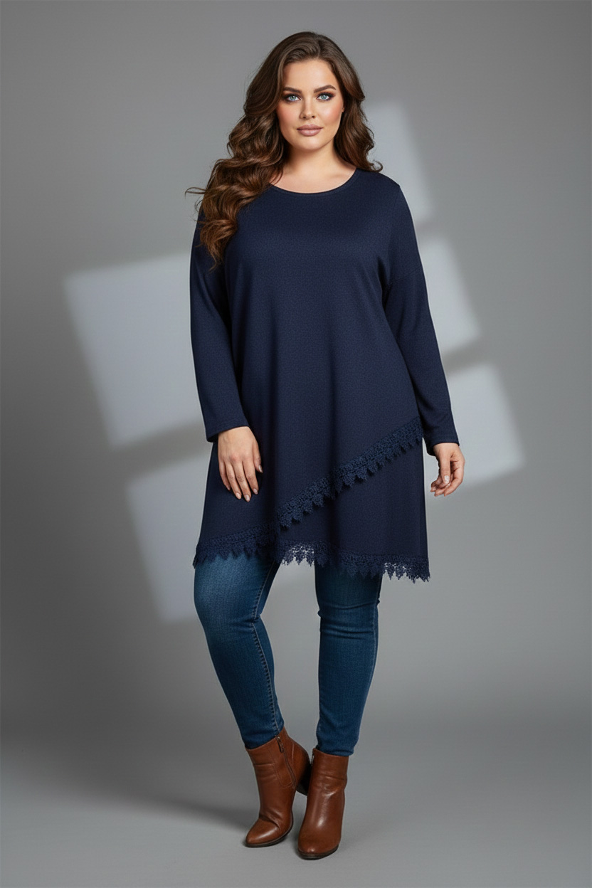 Γυναικεία Μπλούζα Μπλε Ασύμμετρη  Λεπτό Πλεκτό ελαστική Curve-Plus Size