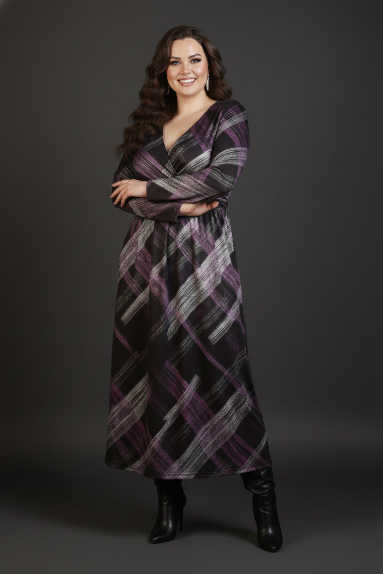 Γυναικείο Φόρεμα Πολύχρωμο Κρουαζέ Με Μαύρο Μοτίβο Plus size