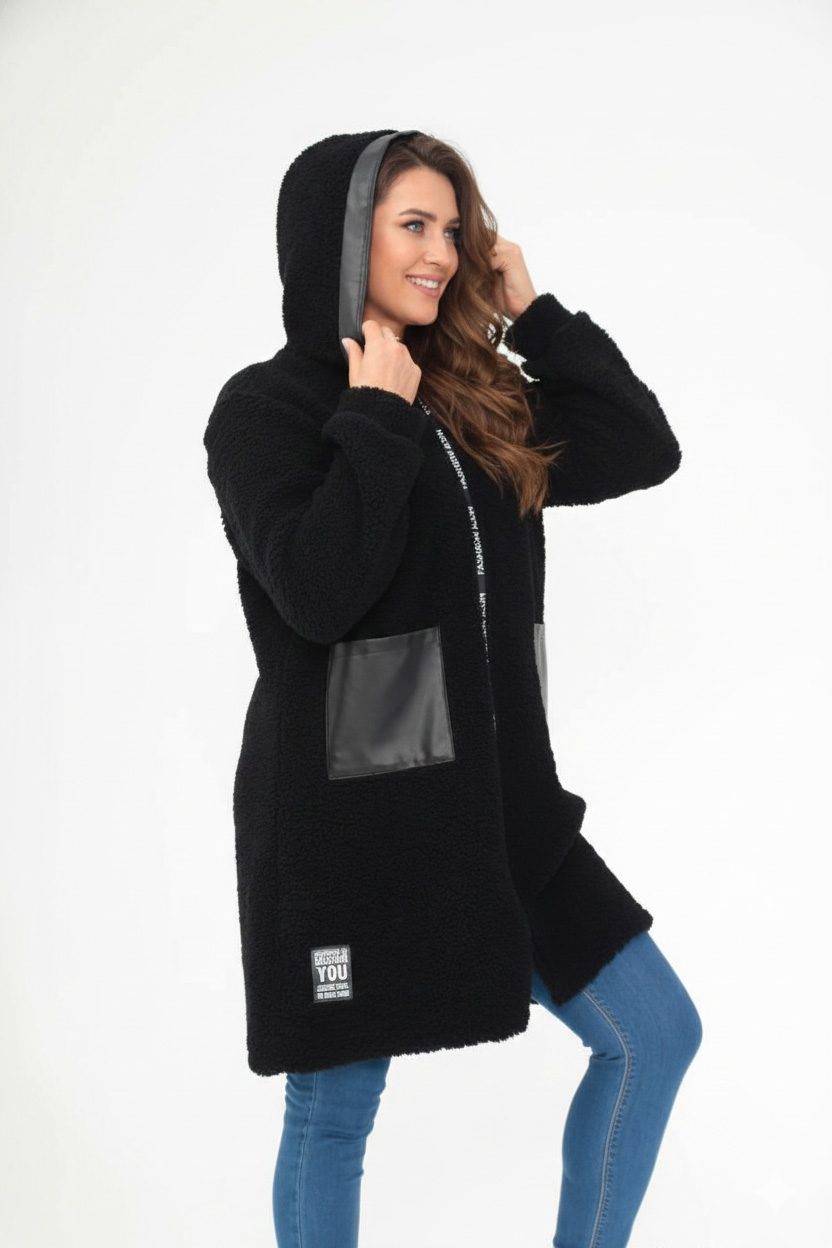 Γυναικεία Ζακέτα Μαύρη Μπουκλέ Με δερματίνη  Τσέπες Curve-Plus Size