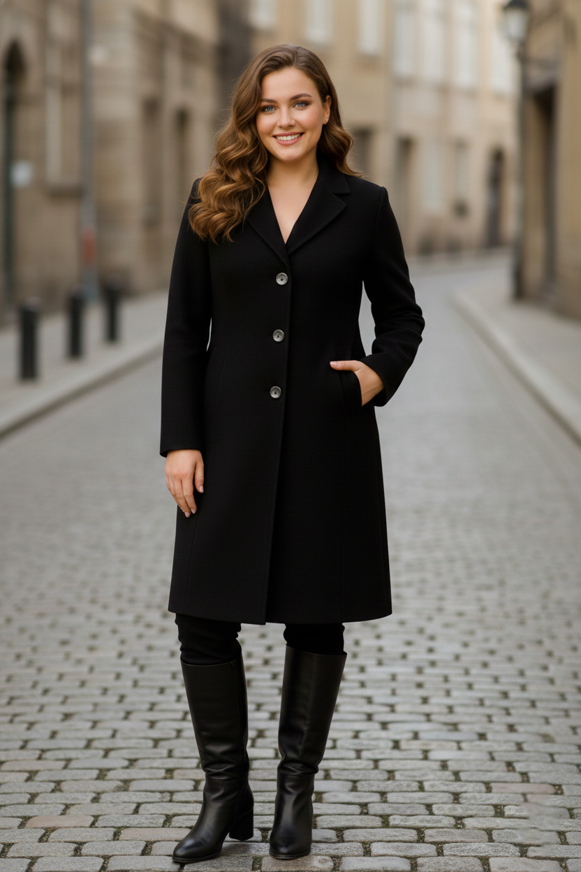 Γυναικεία Παλτό βελούρ Μαύρο Με Φόδρα Με Κουμπιά Τσέπες Curve-Plus Size