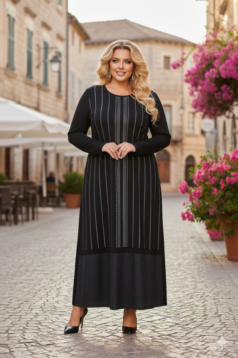 Γυναικείο Φόρεμα Viscose Μαύρο Ριγέ λεπτομέρειες  Plus size