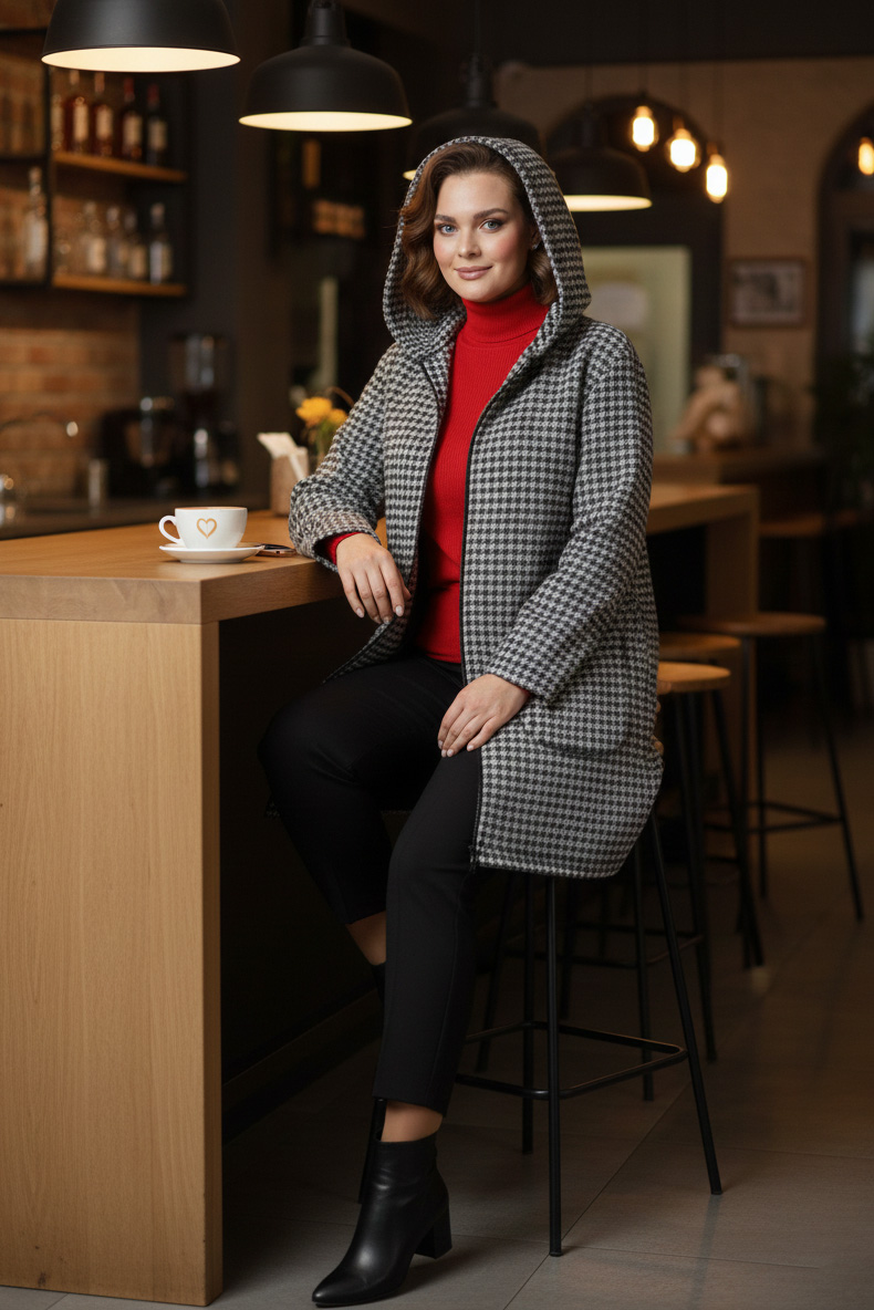 Γυναικεία Ζακέτα Μαύρη Καρό Τύπου Πλεκτό Curve-Plus Size