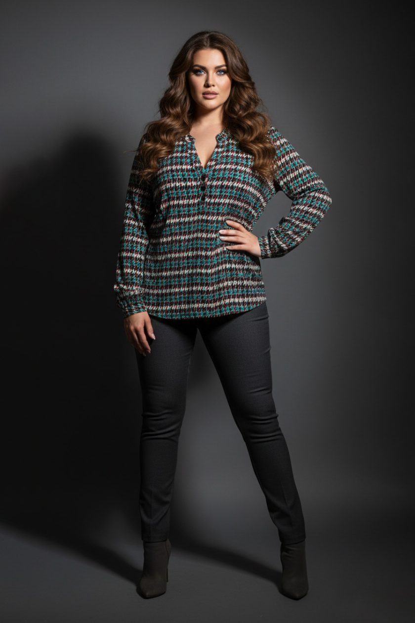 Γυναικεία Μπλούζα Με Μοτίβο Τύπου Καρό Με 3 Κουμπιά σε Ψιλό Πλεκτό Curve-Plus Size