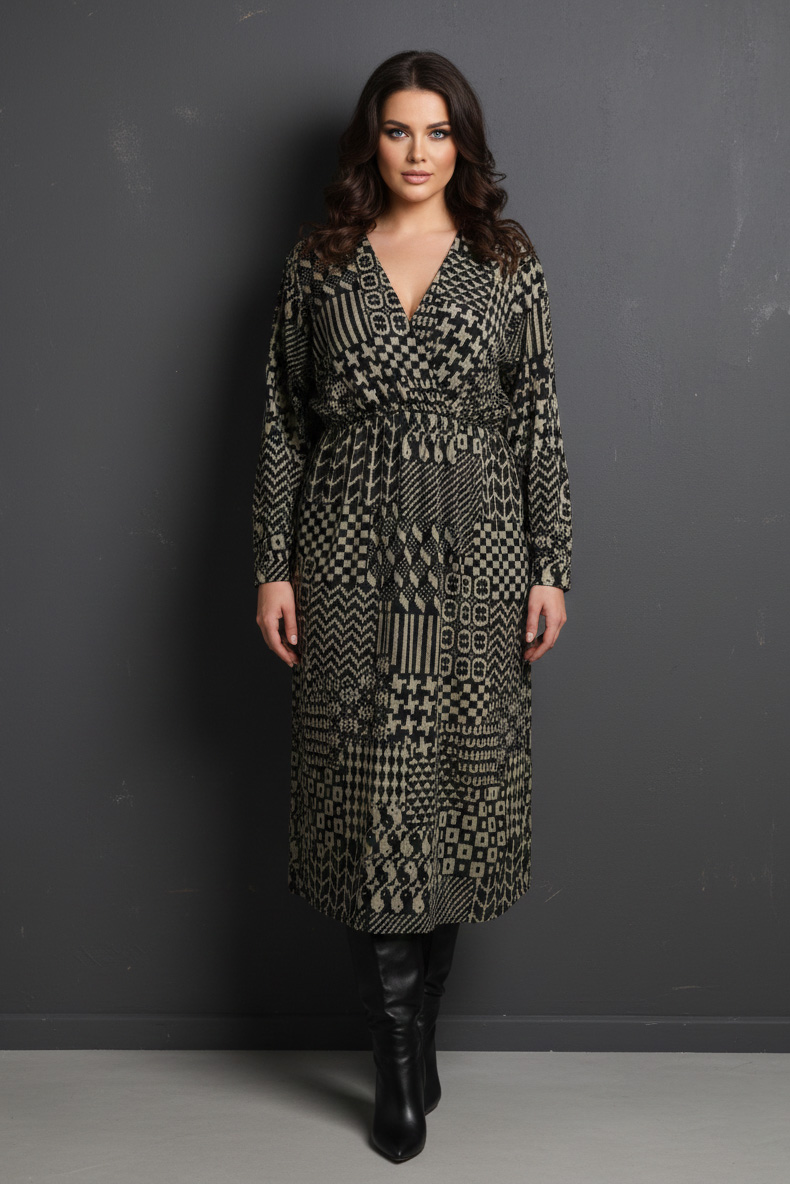 Γυναικείο Φόρεμα Κρουαζέ, Χακί/Μπεζ Λεπτό Πλεκτό Μπεζ Plus size