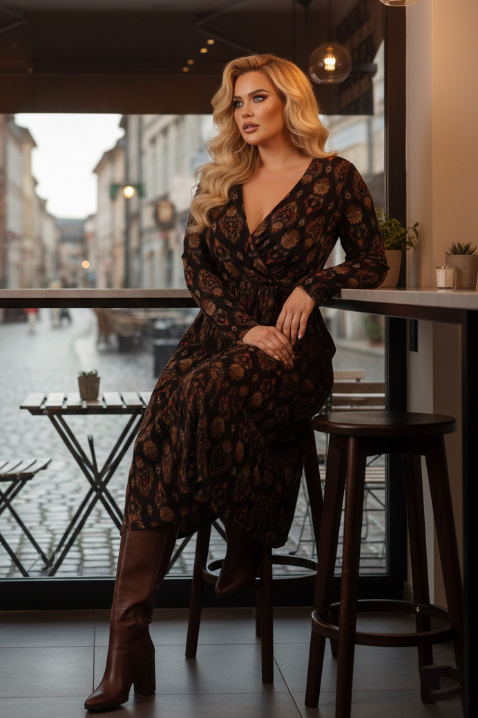 Γυναικείο Φόρεμα κρουαζέ (wrap) midi  Λεπτό Πλεκτό boho/ethnic Μοτίβο Plus size