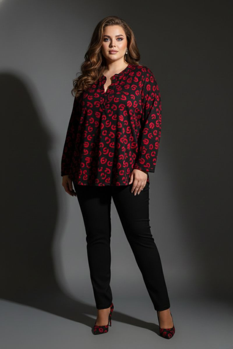Γυναικεία Μπλούζα Μαύρη Με Κόκκινο Μοτίβο Λεπτό Πλεκτό Με Κουμπιά ελαστική Curve-Plus Size