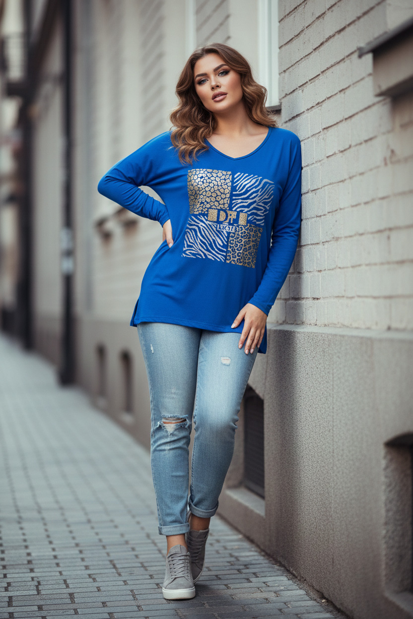 Γυναικεία Μπλούζα V-neck royal blue μπλούζα με το χρυσό και ασημί τύπωμα Curve-Plus Size