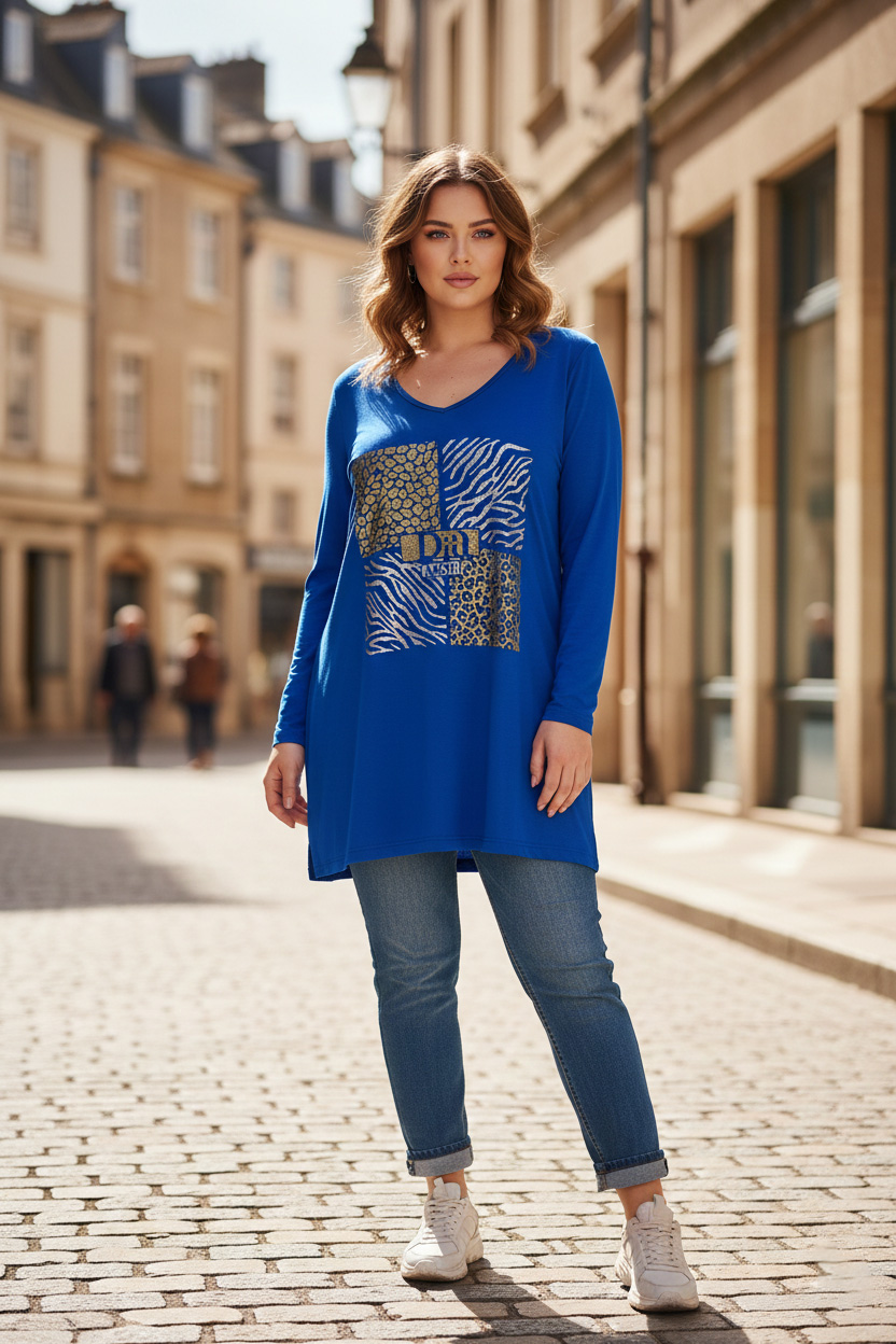 Γυναικεία Μπλούζα V-neck royal blue μπλούζα με το χρυσό και ασημί τύπωμα Curve-Plus Size