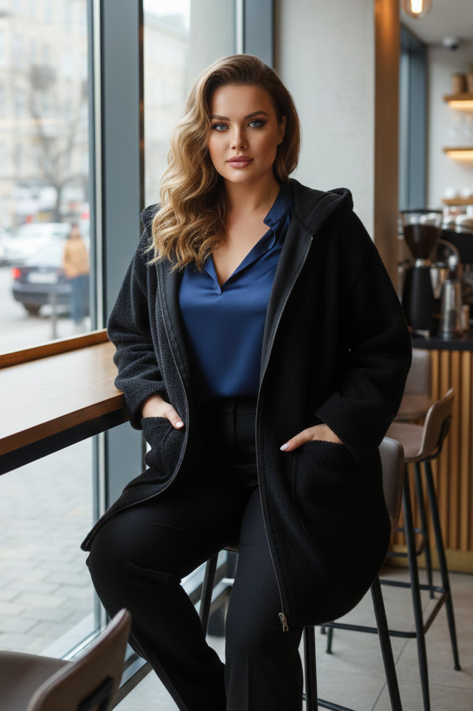 Γυναικεία Ζακέτα Μαύρη Τύπου Μπουκλέ Με Κουκούλα Curve-Plus Size