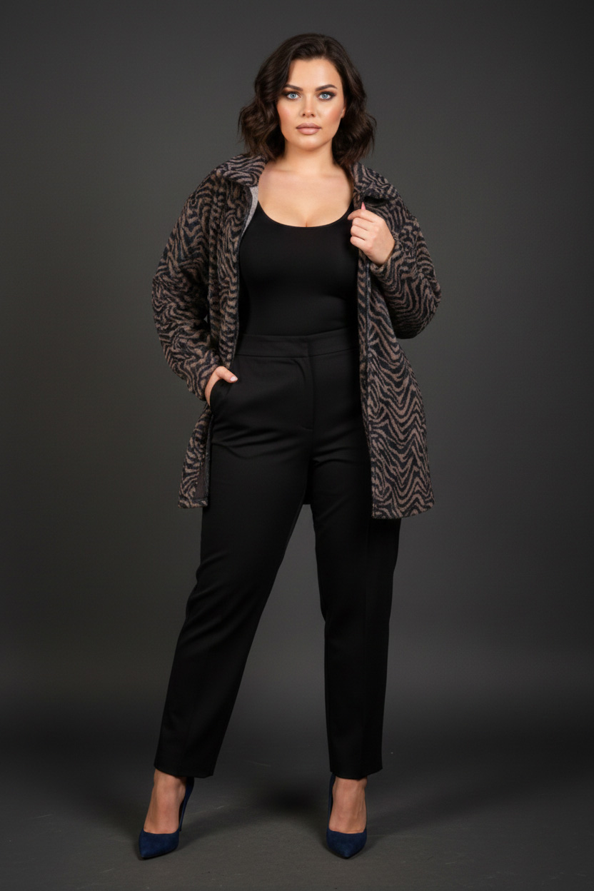 Γυναικεία Ζακέτα Γούνινη Μαύρη/Καφέ Zevra Print Με Τσέπες Curve-Plus Size