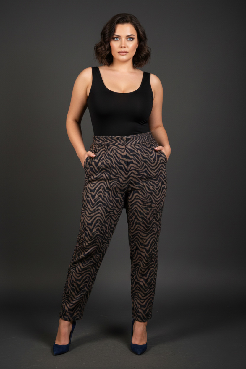 Γυναικείο Παντελόνι Γούνινο Μαύρη/Καφέ Zevra Print Με Τσέπες Curve-Plus Size