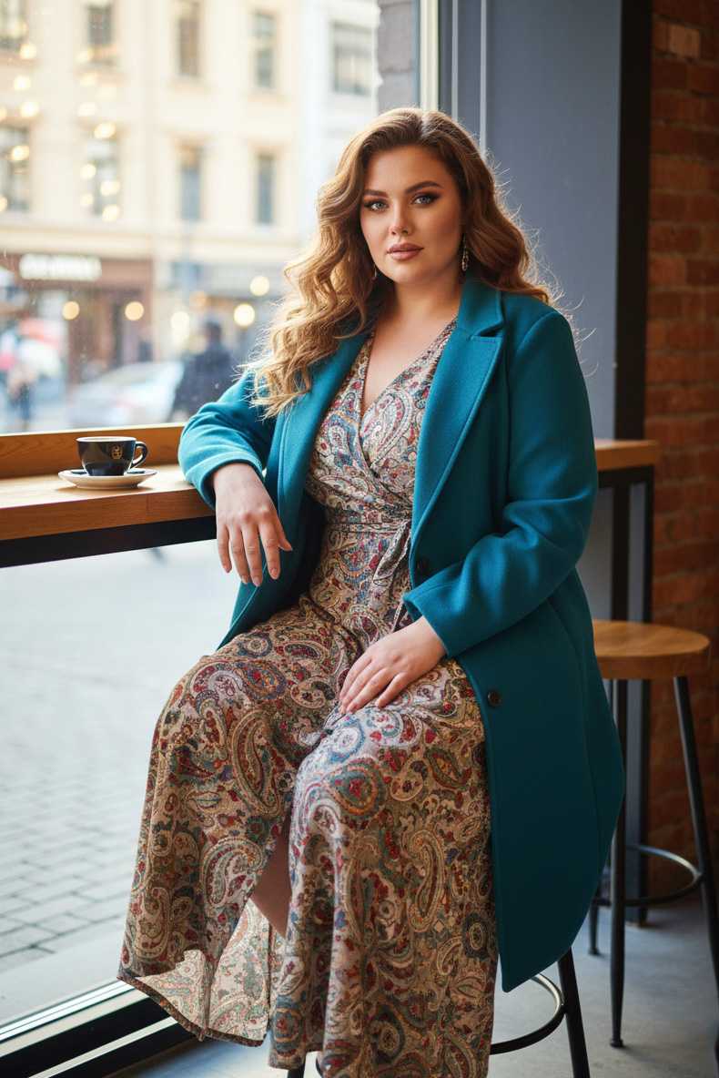 Γυναικεία Παλτό Βελούρ Πετρόλ Με Φόδρα Με Κουμπιά Τσέπες Curve-Plus Size