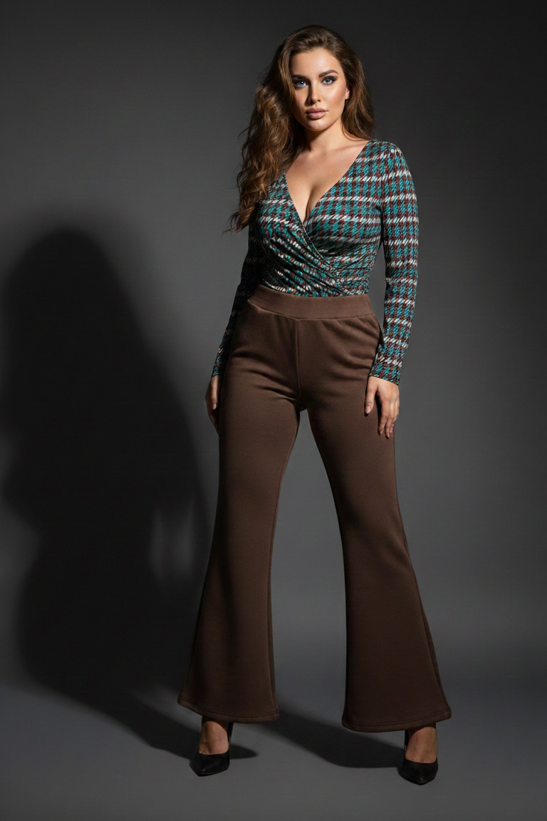 Γυναικείο Παντελόνι Φούτερ Καμπάνα Καφέ Με Λάστιχο, αχνούδιαστο Plus size