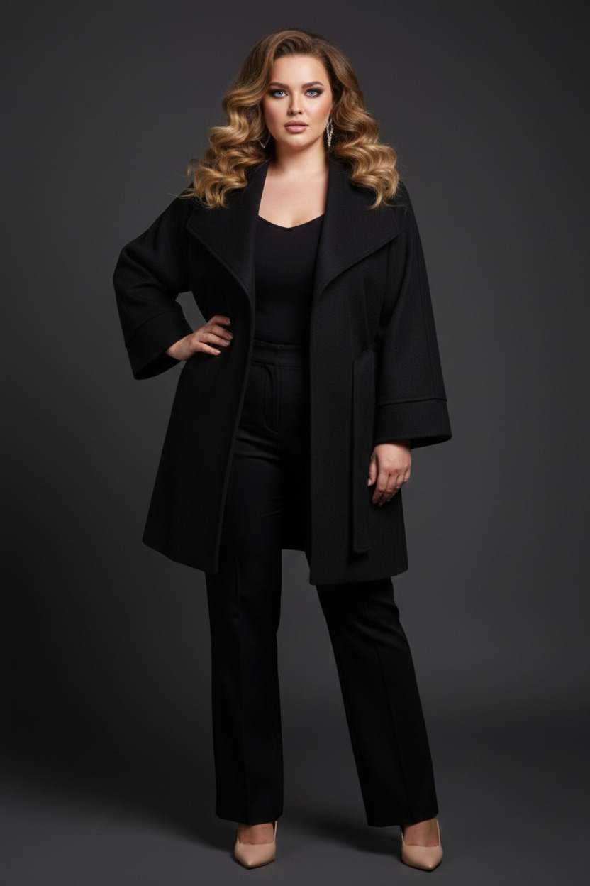 Γυναικεία Γυναικείο Παλτό βελούρ Με Τσέπες, Μαύρο Curve-Plus Size