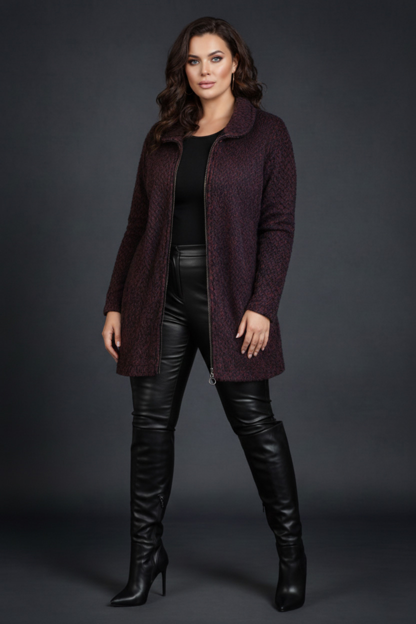 Γυναικεία Ζακέτα Τύπου Γουνάκι, Βυσσινί Με Μοτίβο ,Με Τσέπες Curve-Plus Size