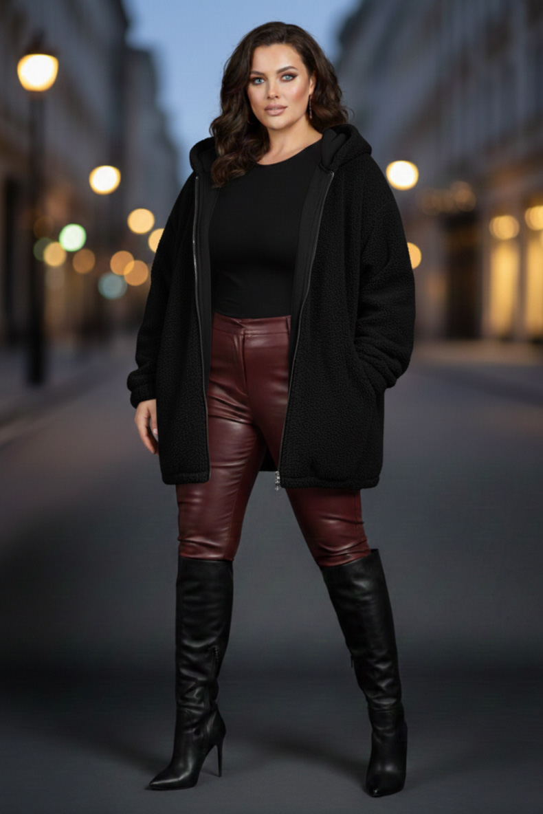 Γυναικεία Ζακέτα Μαύρη προβατάκι Με Κουκούλα Curve-Plus Size