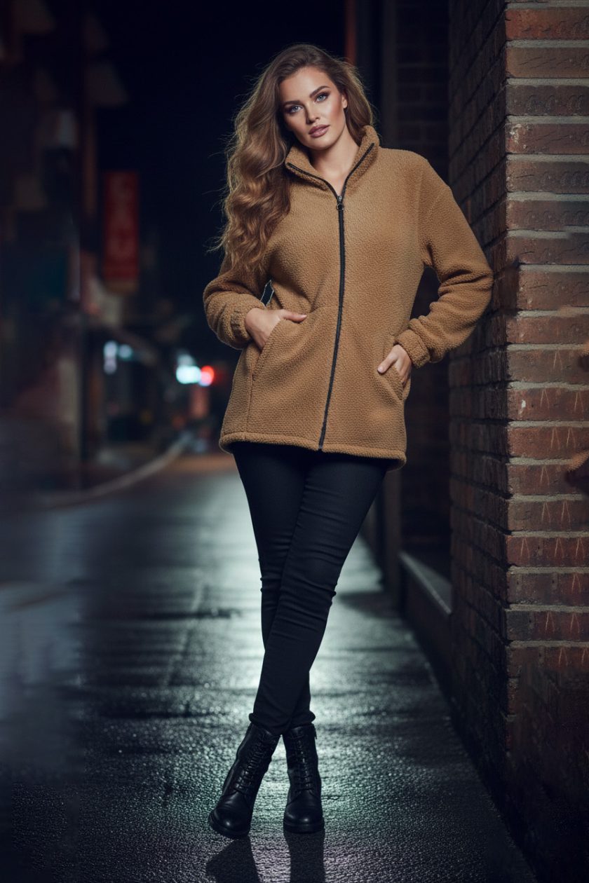 Γυναικεία Ζακέτα Μπεζ τύπου "teddy Με Γιακά Curve-Plus Size