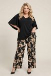 Γυναικείο Σετ Μαύρη Μπλούζα V-Neck & Παντελόνα με Τροπικό Μοτίβο Plus Size