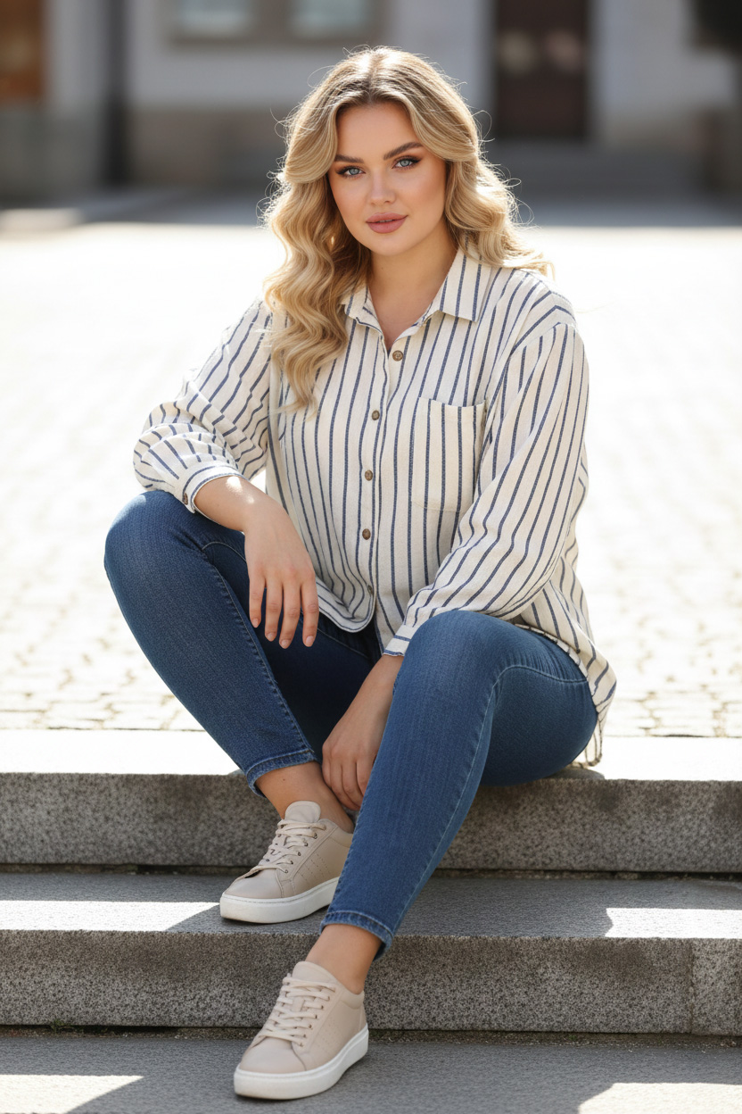 Γυναικείο Oversized Ριγέ Πουκάμισο σε Άνετη Γραμμή Striped Relaxed Shirt Plus Size