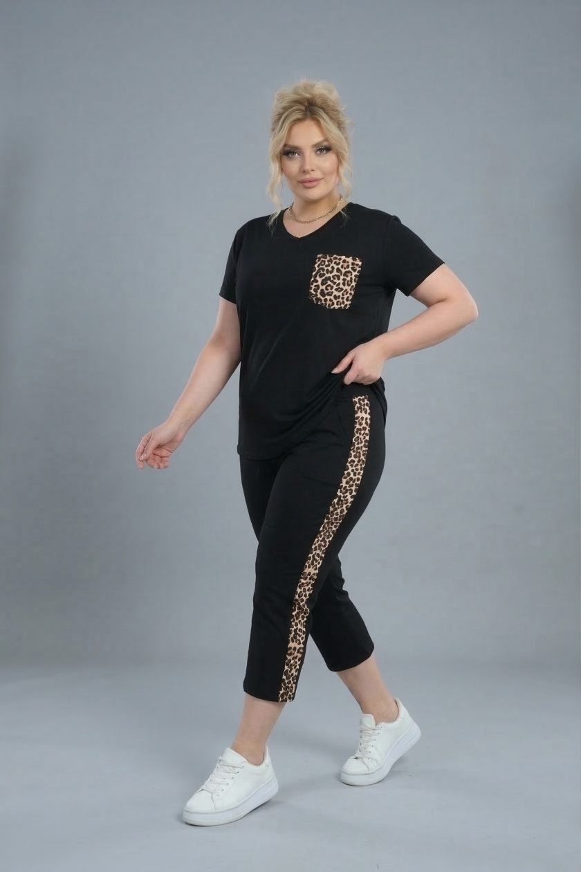 Γυναικείο  Σετ Loungewear "Animal Print Details" – Μαύρο Viscose Plus Size