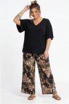 Σετ Μαύρη Μπλούζα V-Neck & Παντελόνα με Τροπικό Μοτίβο - Plus Size