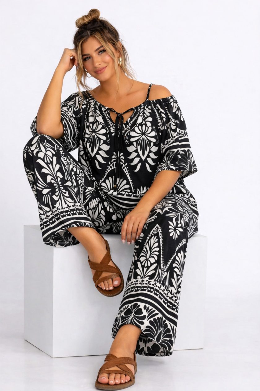 Γυναικεία Σετ boho-ethnic μοτίβο, Παντελόνα & Μπλούζα off-the-shoulder Plus Size