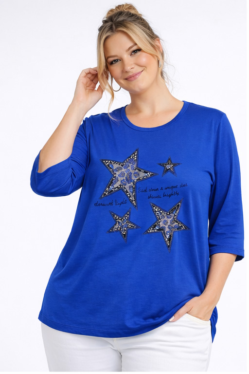 Γυναικεία Μπλούζα Μπλε ,Viscose με Λεπτομέρειες Glitter & Ανάγλυφα Αστέρια-Plus Size