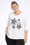 Γυναικεία Μπλούζα Λευκή ,Viscose με Λεπτομέρειες Glitter & Ανάγλυφα Αστέρια-Plus Size