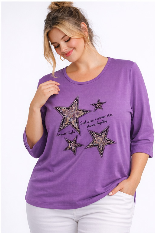 Γυναικεία Μπλούζα Μοβ ,Viscose με Λεπτομέρειες Glitter & Ανάγλυφα Αστέρια-Plus Size