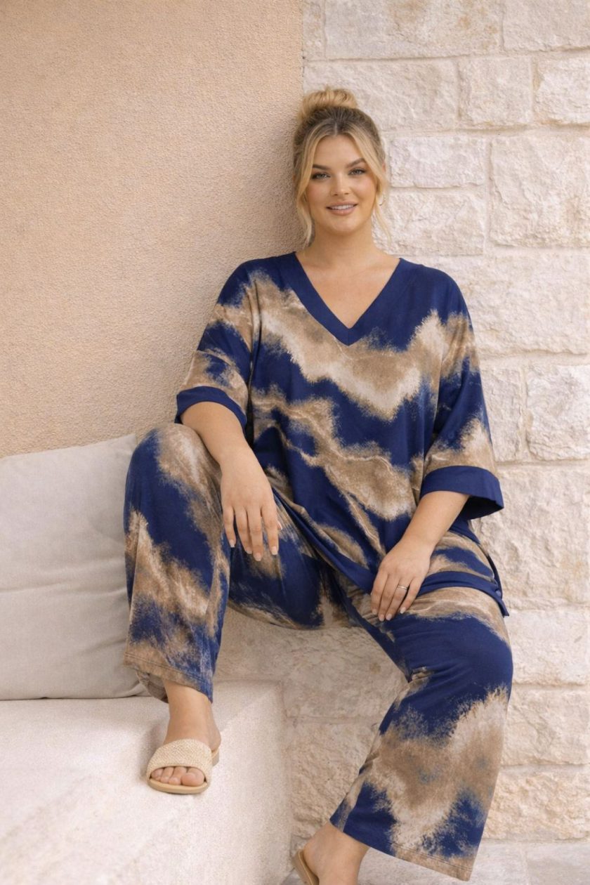 Γυναικείο Σετ Tie-dye print σε navy και μπεζ Παντελόνι από ζέρσεϊ  - Plus Size