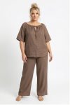 Γυναικείο Σετ Λινό-Blend Cocoa Brown Loose Μπλούζα με Κορδόνι & Παντελόνα Wide Leg- Plus Size