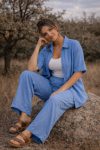 Γυναικείο Σετ Loose Linen σε Σιέλ – Shirt & Wide Leg Παντελόνα Plus Size