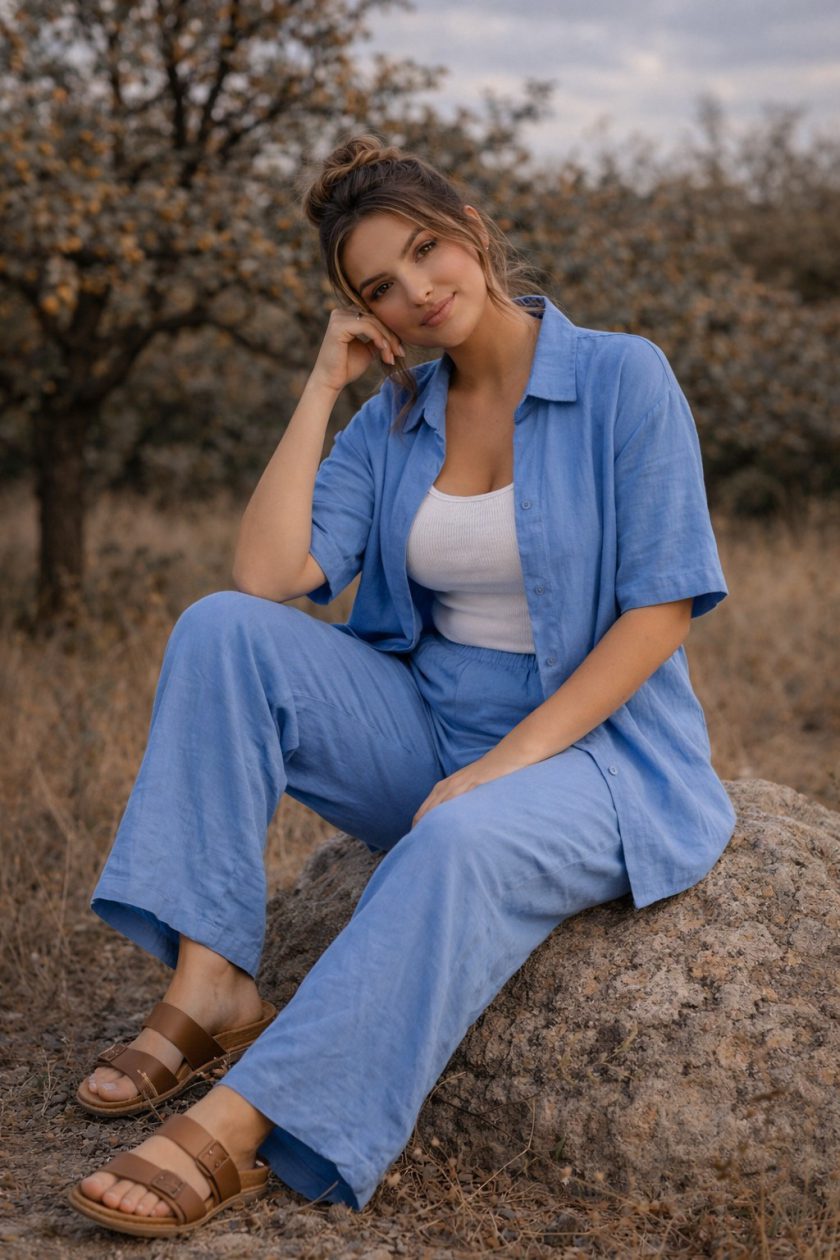 Γυναικείο Σετ Loose Linen σε Σιέλ – Shirt & Wide Leg Παντελόνα Plus Size