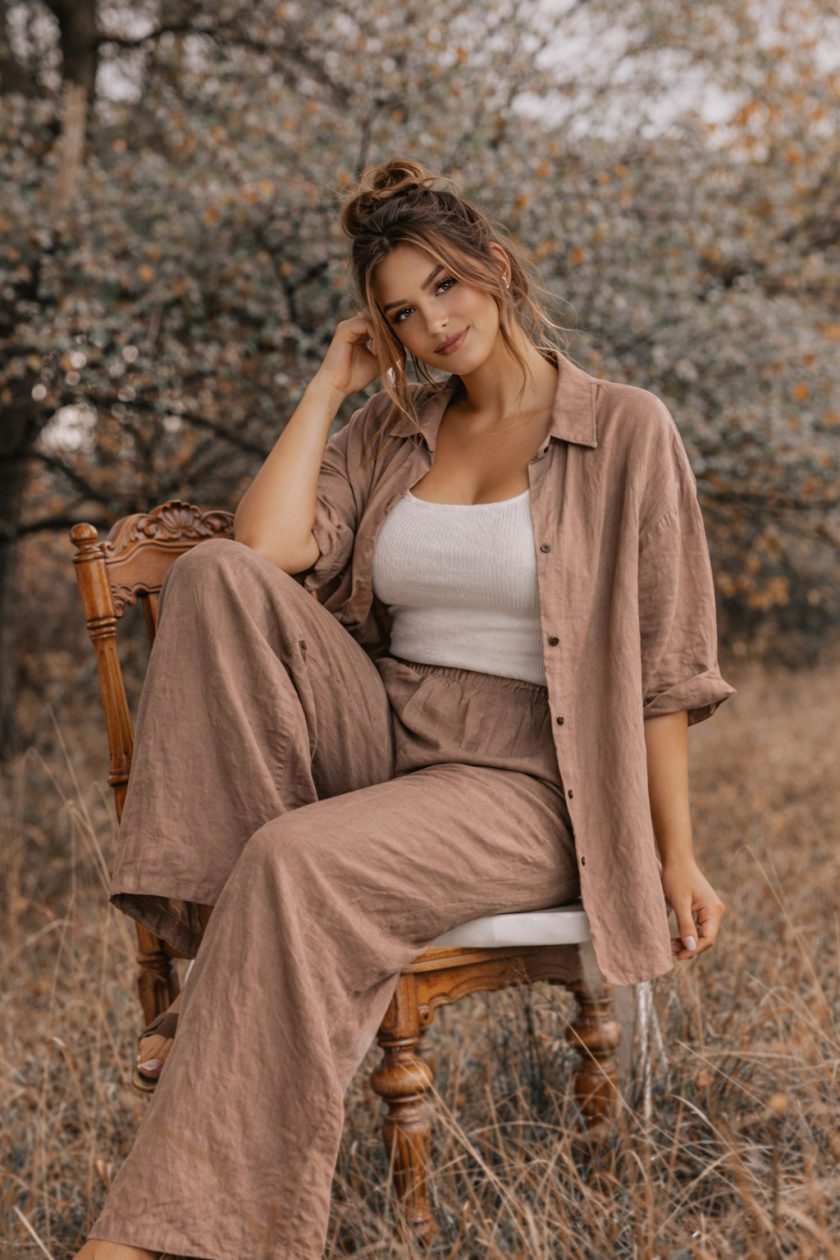 Γυναικείο Σετ Loose Linen Set σε Taupe Απόχρωση – Shirt & Wide Leg Παντελόνα Plus Size