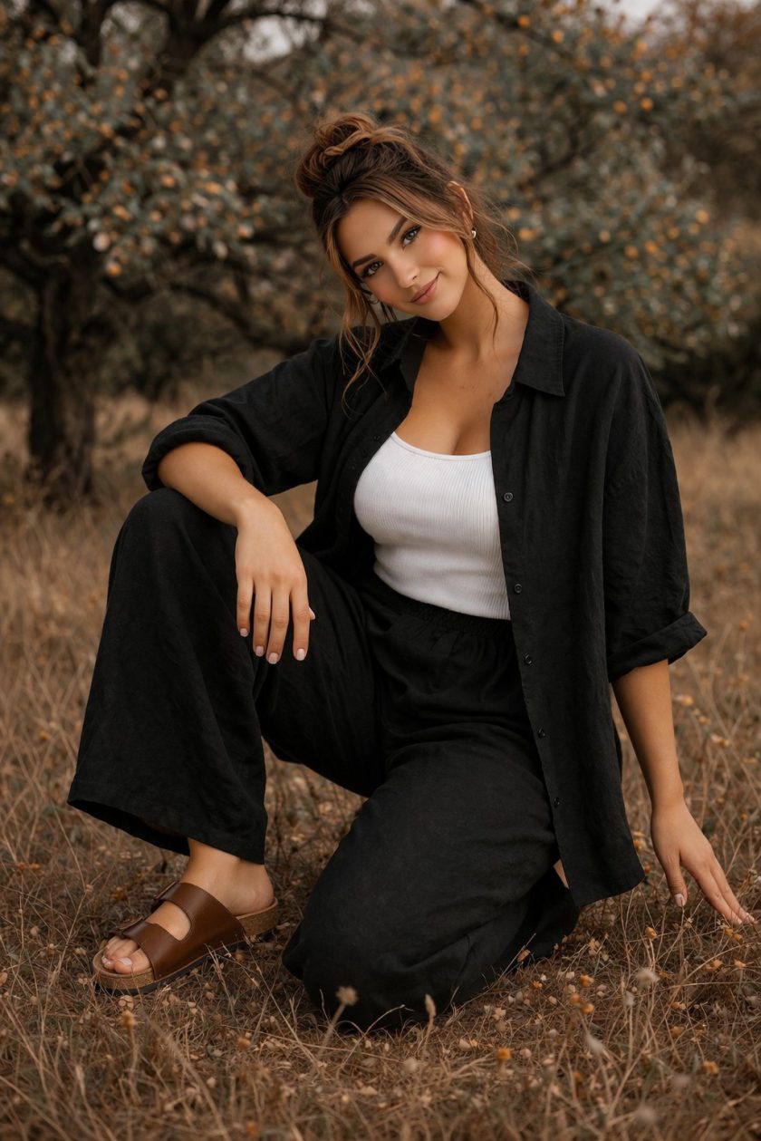 Γυναικείο Σετ Loose Linen Set σε Μαύρο – Shirt & Wide Leg Παντελόνα Plus Size