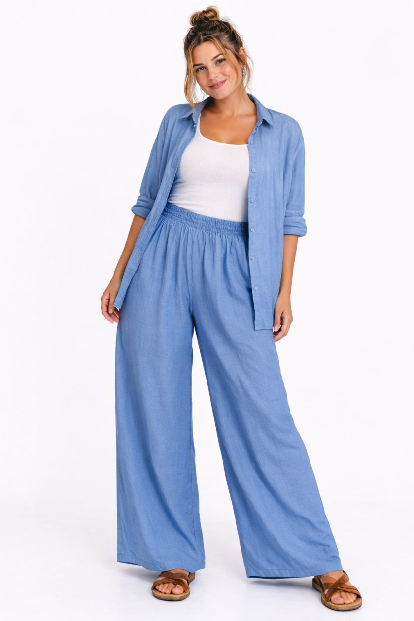 Γυναικεία Παντελόνα Linen-Look με Ελαστική Μέση Μπλε Χρώμα Plus Size