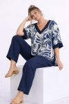 Γυναικεία Μπλούζα Floral Μπλε/Λευκό Tunic Τοπ με V-Λαιμόκοψη και Μπλε Φάσα-Plus Size