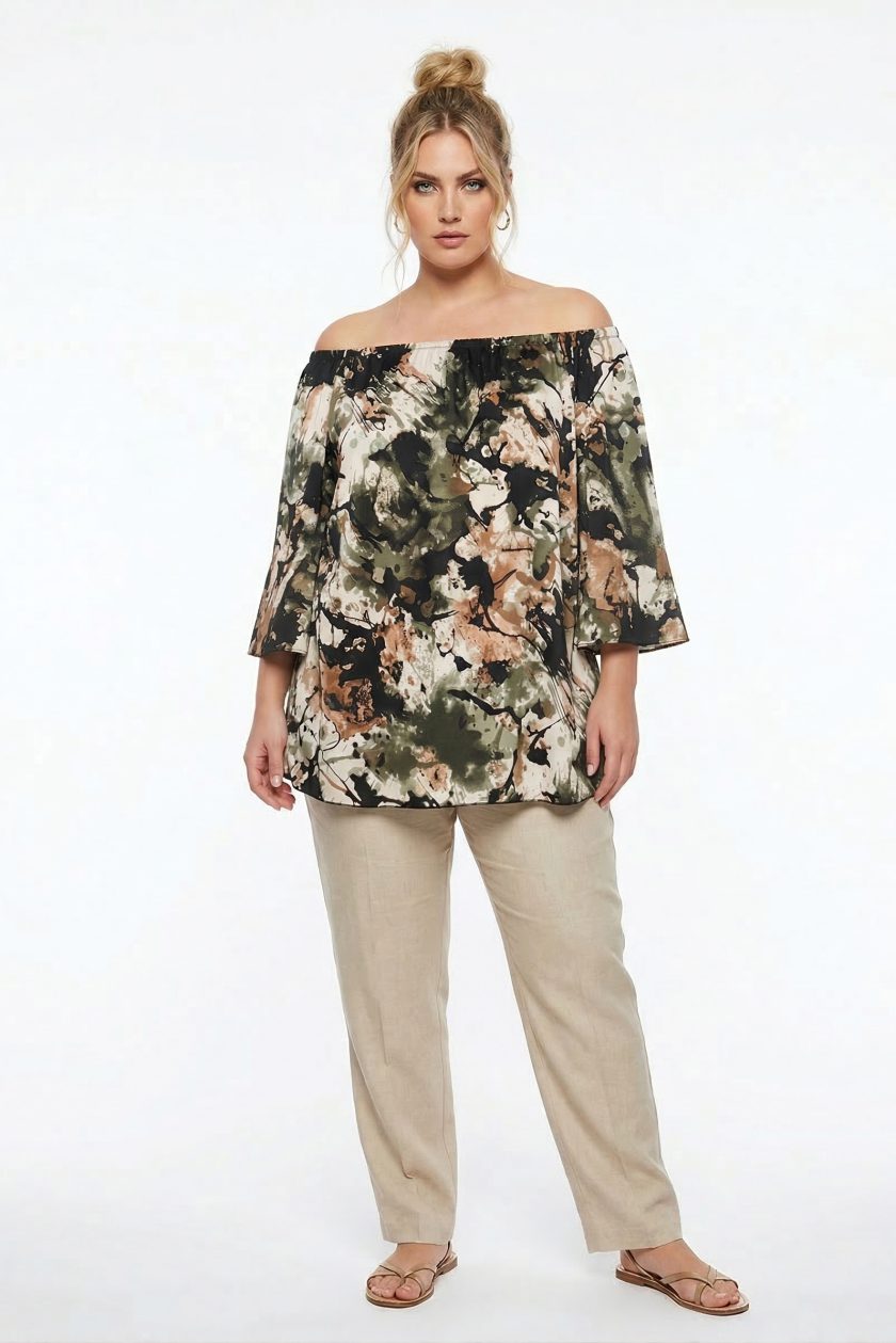 Γυναικεία Off-the-Shoulder Tunic με Εντυπωσιακό Μοτίβο και Φαρδιά Μανίκια-Plus Size