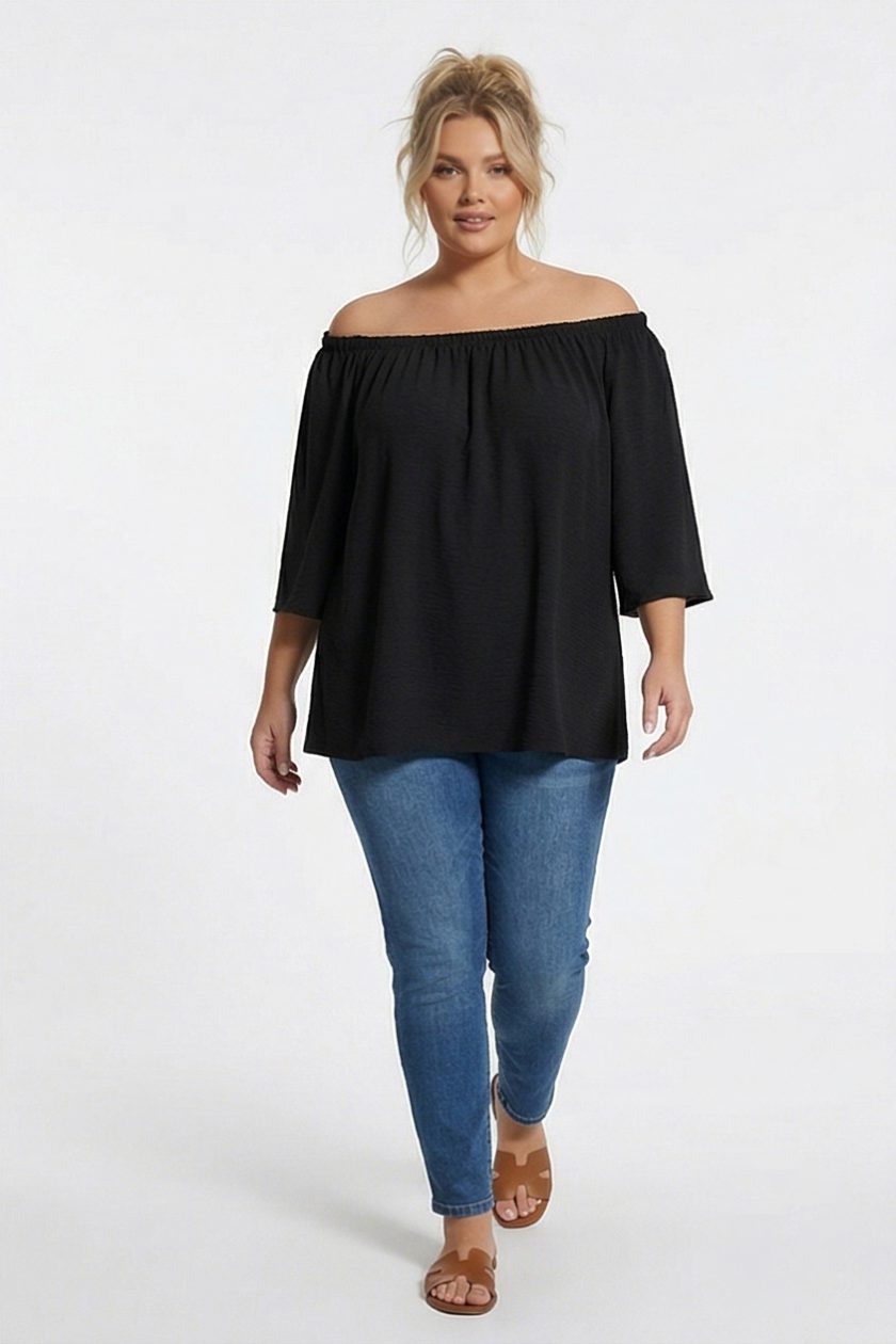 Γυναικεία Off-the-Shoulder Tunic Μαύρο Με Φαρδιά Μανίκια-Plus Size