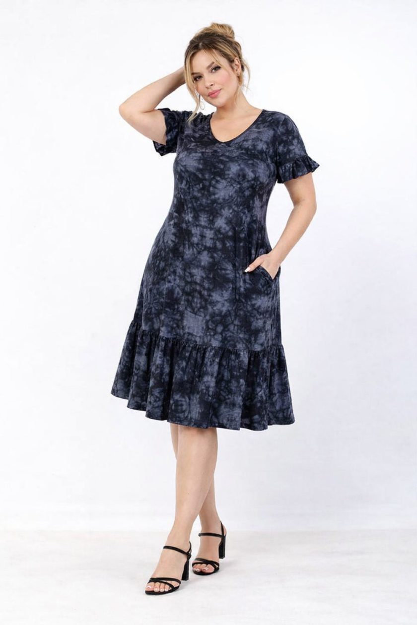 Γυναικείο Midi φόρεμα Viscose με βολάν σε μαύρο abstract print & Τσέπες –  Plus Size