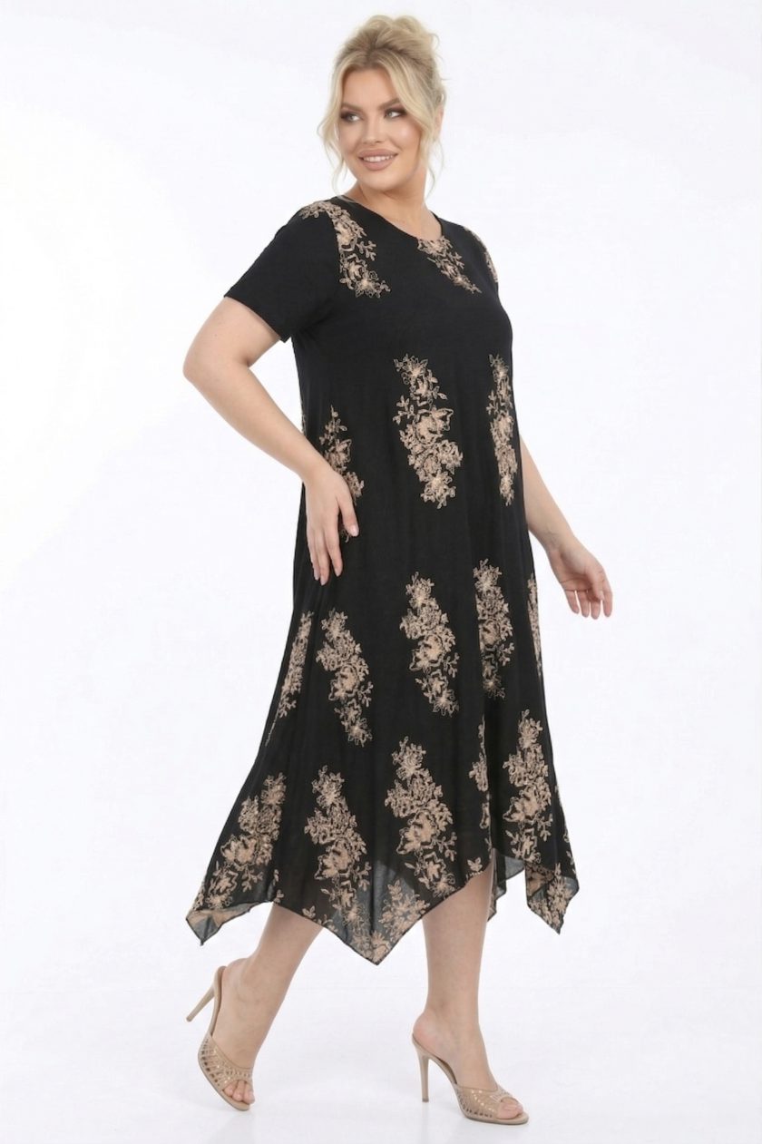 Γυναικείο Midi All-Day Φόρεμα Viscose με Χρυσό-Μπεζ Floral Τύπωμα & Μπεζ Εσωτερική Επένδυση - Μαύρο -Plus Size