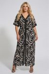Γυναικείο Maxi Ζέρσεϊ Φόρεμα με Abstraction Print & Lace Details - Black/Beige-Plus Size