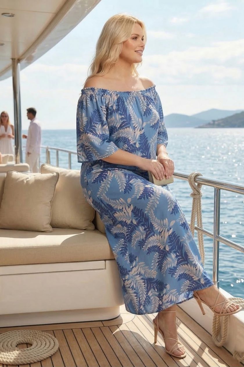 Γυναικείο Maxi Tropical Leaf Dress – Blue Lagoon - Μπλε/Beige-Plus Size