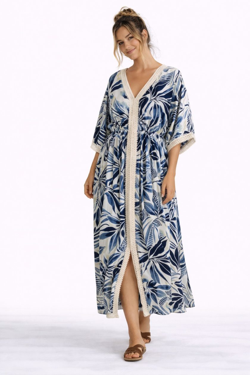 Γυναικείο Maxi Φόρεμα Καφτάνι με Tropical Print & Crochet Λεπτομέρειες Plus Size
